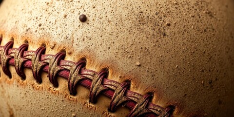A close-up of a worn baseball with weathered stitching, scuffs, and dirt, baseball, rough