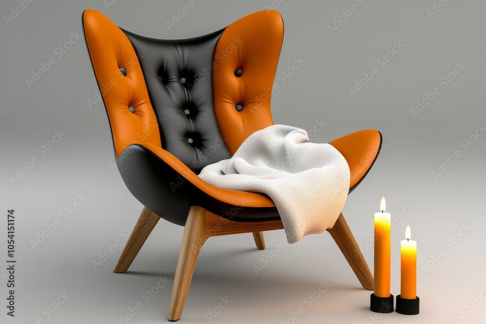 Leinwandbilder abstract minimalist design of a cozy lounge chair with a soft blanket and a candle, representing the