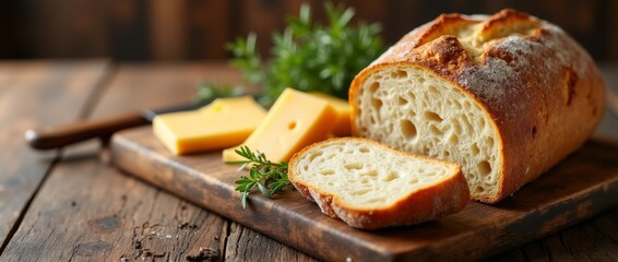 Bread and cheese on a rustic wooden board