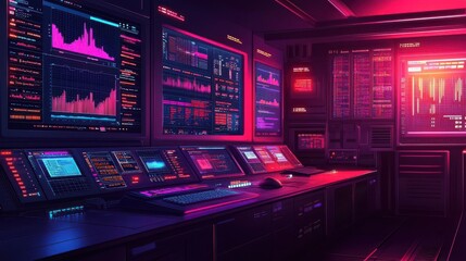 Obraz premium Futuristic control room with glowing screens and data visualizations.
