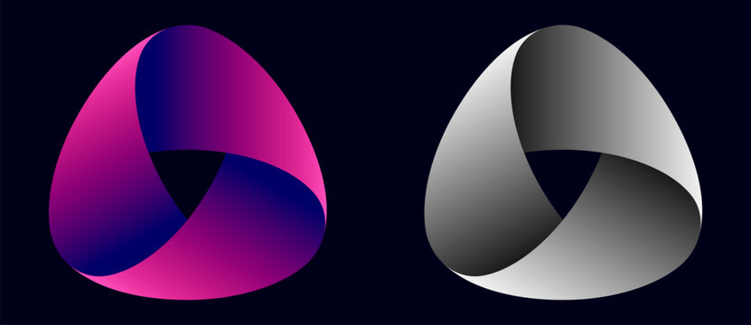 Abstract vector illustration with swirl triangle like moebius ribbon. Blue with purple colors and gray gradient icon or logo.