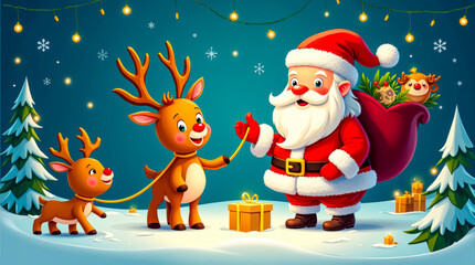 Cheerful Santa Claus carrying gifts under a starry winter sky, surrounded by snow-covered trees and a decorated Christmas tree in a festive landscape