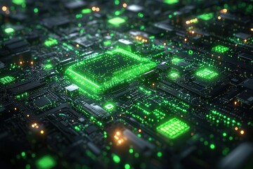 Obraz premium Close-up of a glowing green circuit board with a central processor.