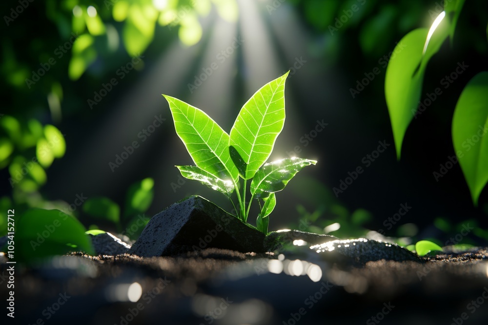 Aufkleber Hyper-realistic image of a forest with sunlight piercing through the canopy, illuminating intricate details of leaves and branches, capturing the vibrant life within a pantheistic worldview,