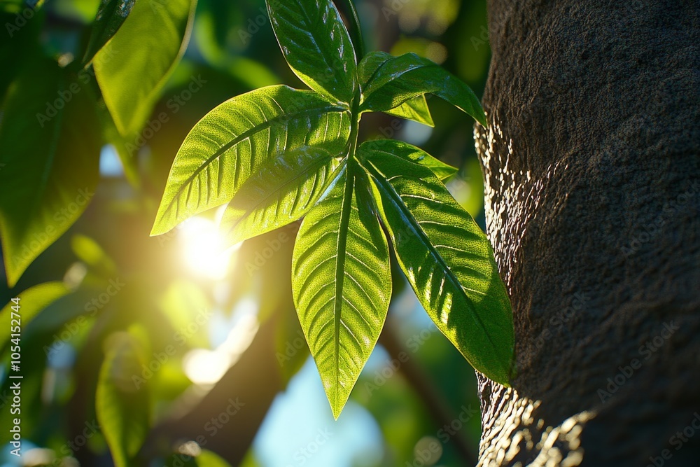 Poster Hyper-realistic image of a forest with sunlight piercing through the canopy, illuminating intricate details of leaves and branches, capturing the vibrant life within a pantheistic worldview,