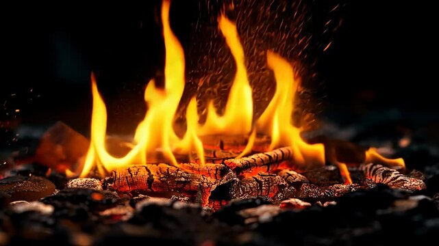 Flames dance over hot coals in a roaring fire