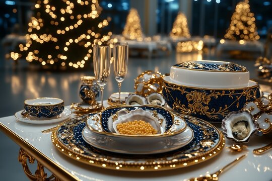 Hyper-realistic view of a lavish banquet table with oysters, caviar, champagne, and beautifully arranged dishes, capturing the rich, detailed elements of hedonistic dining, symbolizing luxury