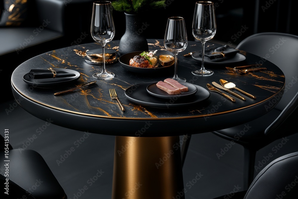 Poster minimalist depiction of a table set with fine dining utensils, symbolizing the refined pleasure of a