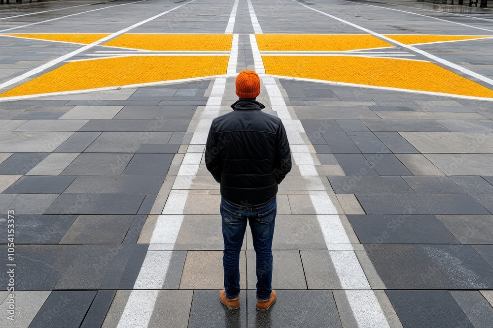 Fototapete Minimalist design of a lone figure surrounded by empty space, capturing the solipsistic feeling of isolation in a simple, geometric style, symbolizing simplicity and solitude