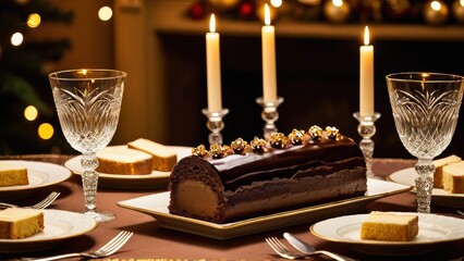 Fototapeta premium Festive table features a chocolate Yule log, lit candles, crystal glassware, and golden decor, creating an elegant and warm holiday atmosphere.