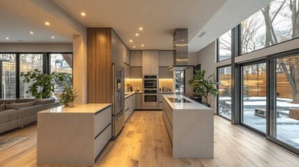 Simple, clean-lined kitchen with sleek countertops and minimalist appliances, emphasizing functionality.
