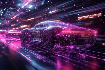 Futuristic car made of digital particles speeding on a digital highway.