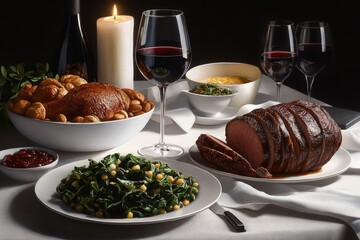 Watercolor painting of a lavish dinner table with wine glasses, candles, and gourmet dishes, capturing the warmth and pleasure of hedonistic dining in soft, flowing colors, symbolizing warmth
