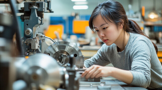 Focused female engineer working on a complex machine in a factory
