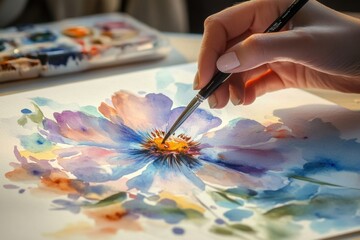 Artist painting colorful flower with watercolor brush