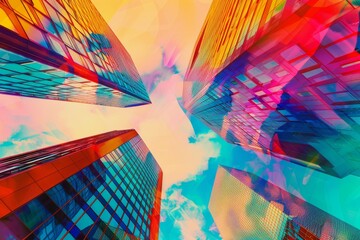 Dynamic collage of towering modern skyscrapers viewed from below, accentuated with bold, vibrant