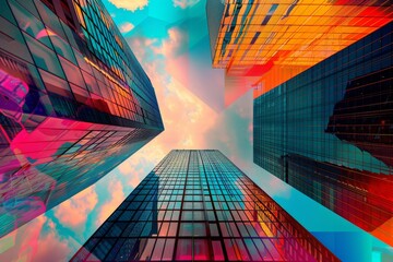 Dynamic collage of towering modern skyscrapers viewed from below, accentuated with bold, vibrant