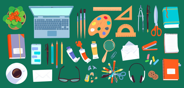 Top view flat lay vector illustration of education and office workplace with laptop on green background