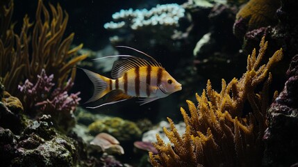 Obraz premium A striped fish swims through a coral reef, surrounded by colorful plants and rocks.
