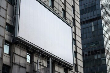 Obraz premium Close-up of an empty billboard mockup attached to a contemporary city business building, showcasing