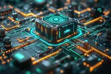 Obraz premium Futuristic CPU processor on a motherboard with glowing circuits.