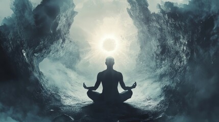 Obraz premium Enlightenment concept showing a human body and soul reaching eternal wisdom through meditation. 