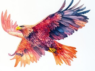 Fototapeta premium Generate a striking, photorealistic image of a majestic eagle in mid-flight, painted with vibrant watercolors