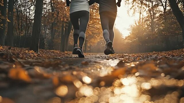 Close-up of legs jogging on a trail in an autumn forest, with colorful leaves on the ground, capturing an active fall workout.
