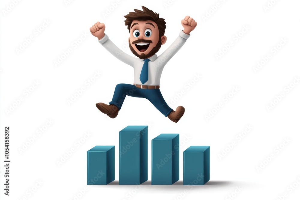 Poster a 2d cartoon illustration of a financial bar chart with increasing returns success in business white