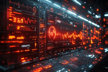 Obraz premium Futuristic digital interface with red and blue glowing lines and data visualizations.