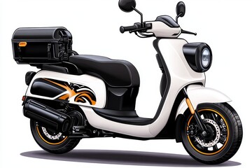 a 2D cartoon illustration of a food delivery scooter speeding through traffic quick and efficient white background