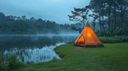 A Lighted Tent on a Foggy Lake in the Forest