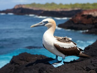 Blue-footed booby standing on volcanic rock in galapagos islands