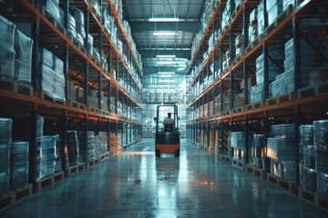 Fototapeta premium Forklift truck maneuvering through a logistics distribution center, surrounded by shelves stocked