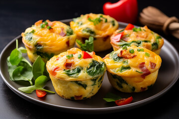 A plate of freshly baked breakfast egg muffins, golden and fluffy, diced bell peppers, spinach, cheese, and bits of crispy bacon