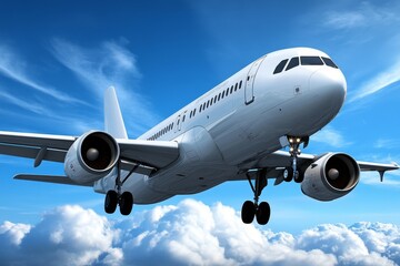 Obraz premium a 2D cartoon illustration of a jet plane flying over the clouds fast and efficient white background