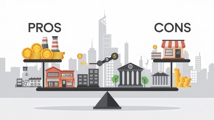 Obraz premium A visual representation of weighing pros and cons, illustrating buildings, money, and various factors in decision-making.