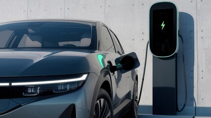 Fototapeta premium A sleek electric vehicle is charging at a modern station, showcasing the future of transportation and sustainable energy.