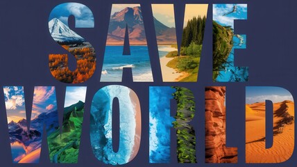 A vibrant collage promotes environmental awareness with the words "SAVE WORLD," showcasing nature's beauty.