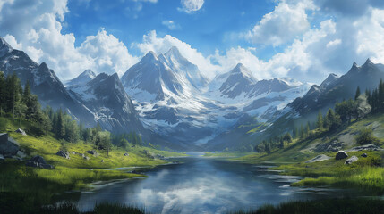 Obraz premium Majestic Snow-Capped Mountains Reflected in Pristine Alpine Lake on a Sunny Day