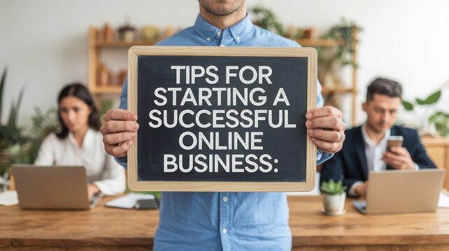 A person holds a sign with tips for starting a successful online business, while others work on laptops in a modern office setting.