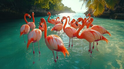 Obraz premium A Flock of Flamingos Wading in a Tropical Lagoon