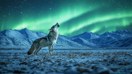 Obraz premium A wolf howls under the aurora borealis, with snowy mountains in the background.