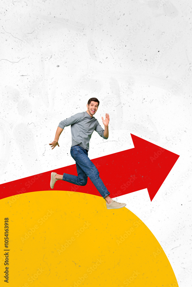 Aufkleber composite trend artwork sketch image photo collage of miniature young guy businessman run fast huge 