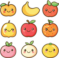 A vector icon set of kawaii-style fruits Illustration