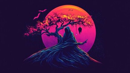 Spooky Hoodie Figure Hanging from Tree at Night