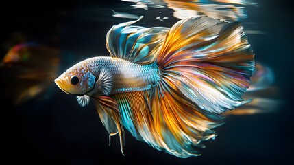 Fototapeta premium Siamese Fighting Fish, Betta splendens with vibrant, iridescent fins and detailed scales, captured mid-motion in an underwater environment of soft lighting and reflections.