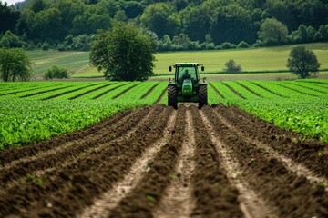 Obraz premium Farmer cultivating field with tractor in beautiful countryside