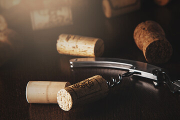 Wine Corks and Corkscrew on Wooden Table