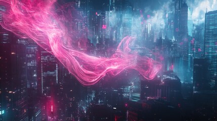 Fototapeta premium A futuristic cityscape with glowing neon lights and pink smoke rising from the buildings.